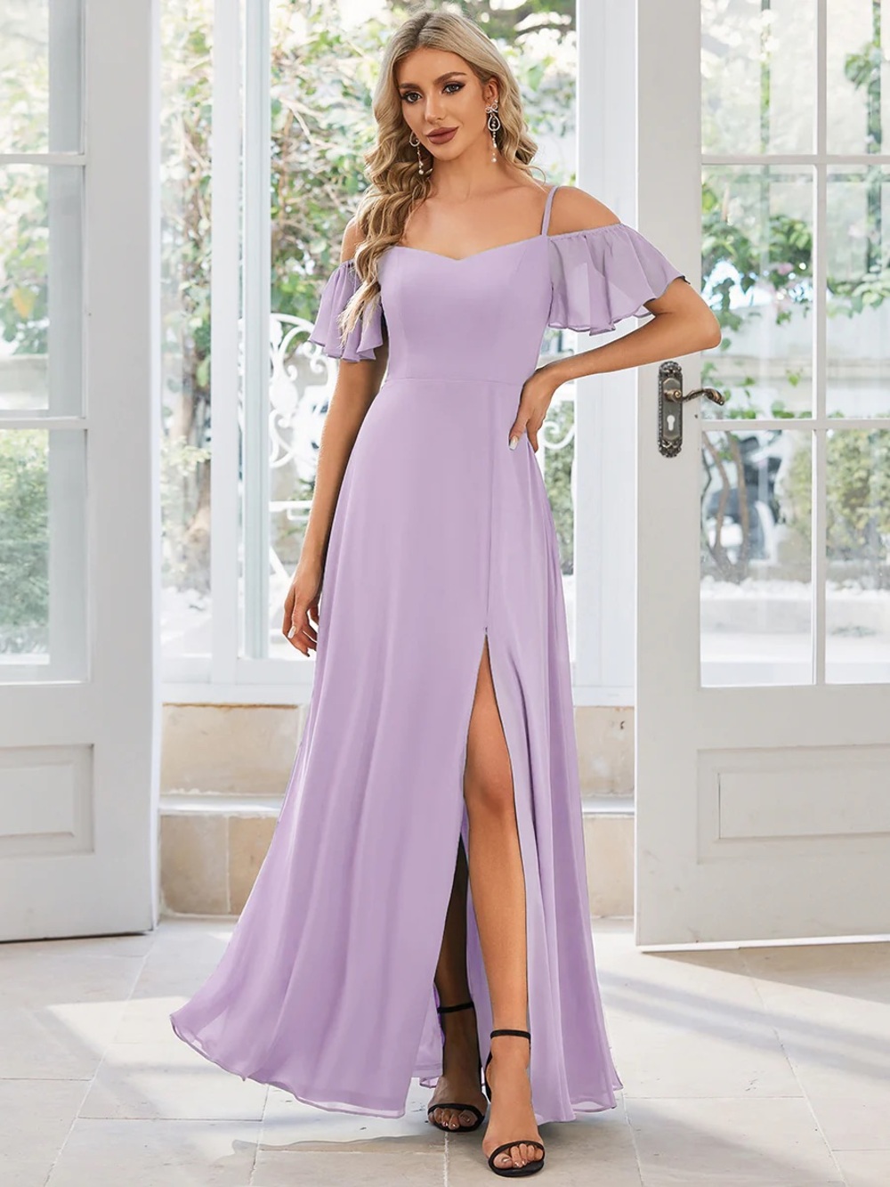 🆕 Stylish Cold Shoulder Flare Sleeves Flowy Bridesmaid Dress